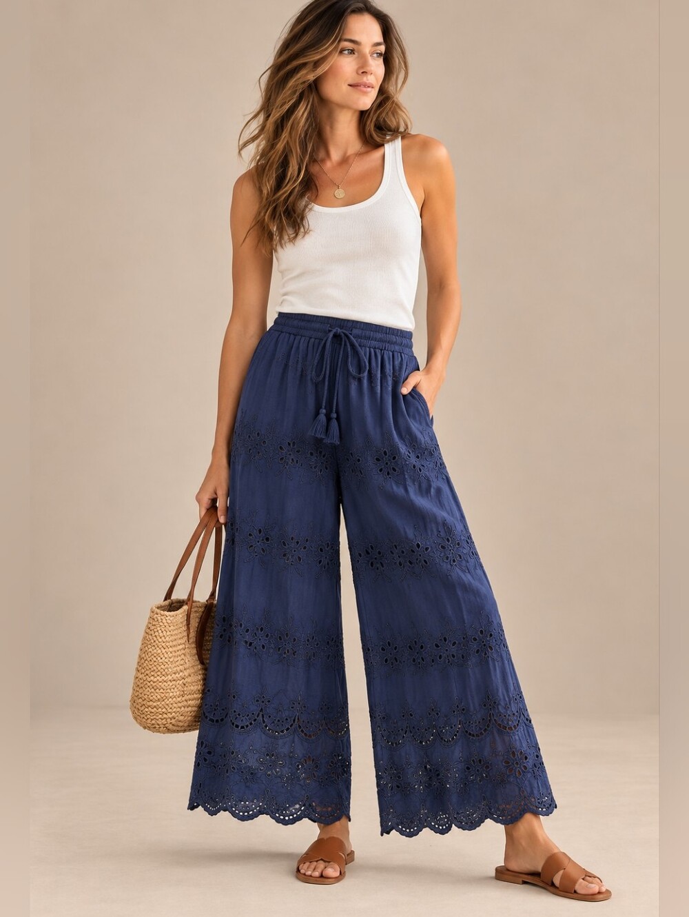 NWT TOLANI Navy Blue Eyelet Wide Leg Pull On Pants Tassel Ties Embroidered M